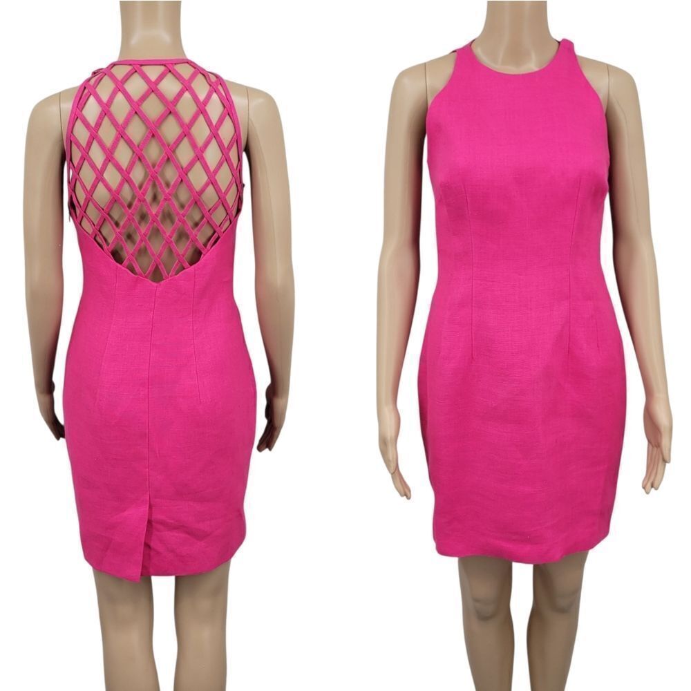Kamisato Vintage Linen Pink Sleeveless Mini Dress Open Basket Weave Back